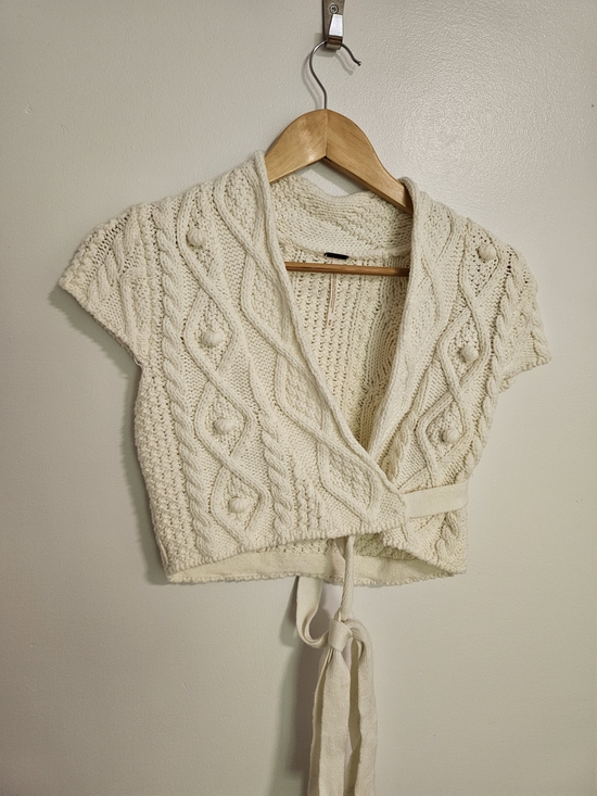 Free People Sweaters - Free People Cable Knit Wrap Shrug Cream Size Medium Pompom Cotton Blend